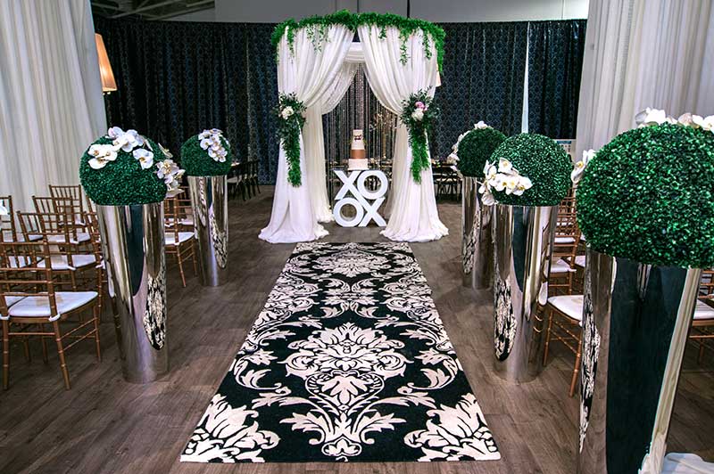 black and white wedding ceremony setup