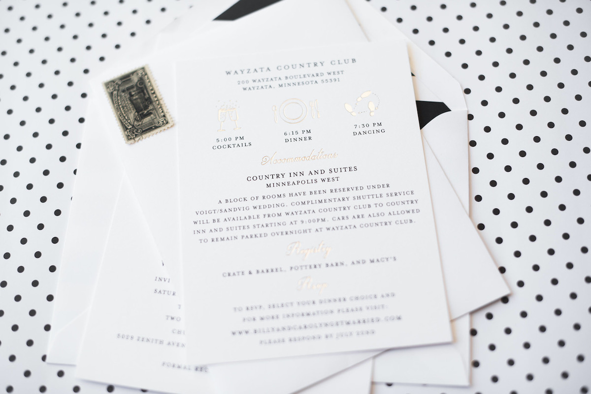 Black, white and gold wedding details card