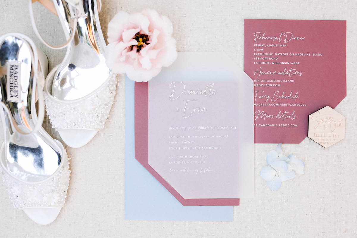 Soft red and pale blue wedding invitation