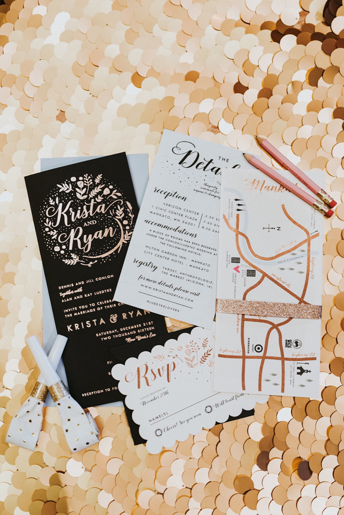 Black, white and rose gold wedding invitation suite