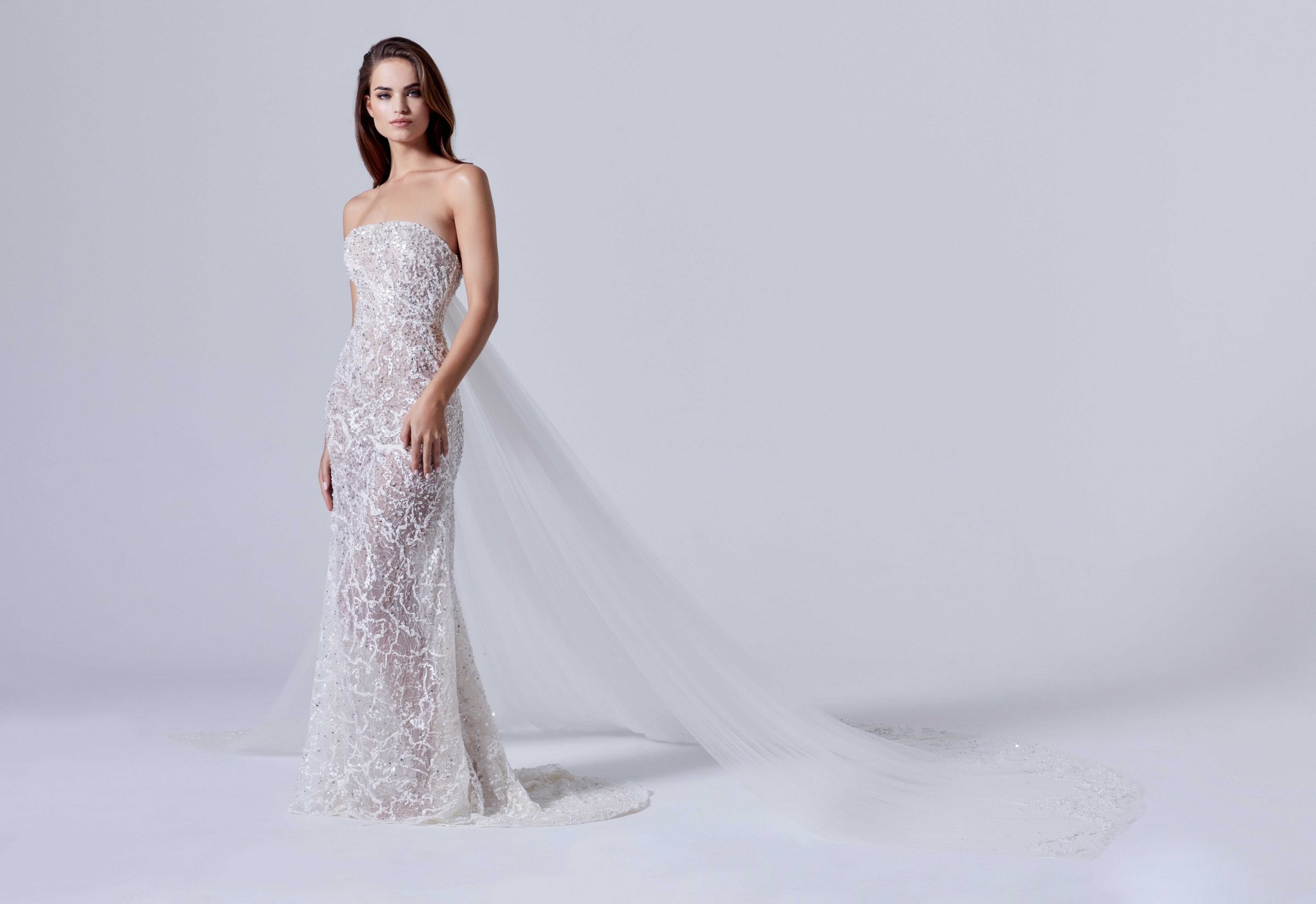 A-line bridal gown with embellished sequins and detachable tulle train