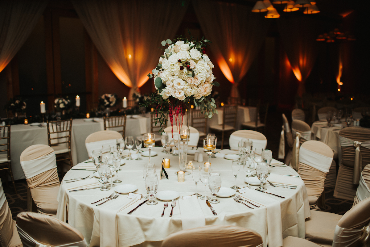 Ballroom elegant wedding tabletop at luxury golf course 