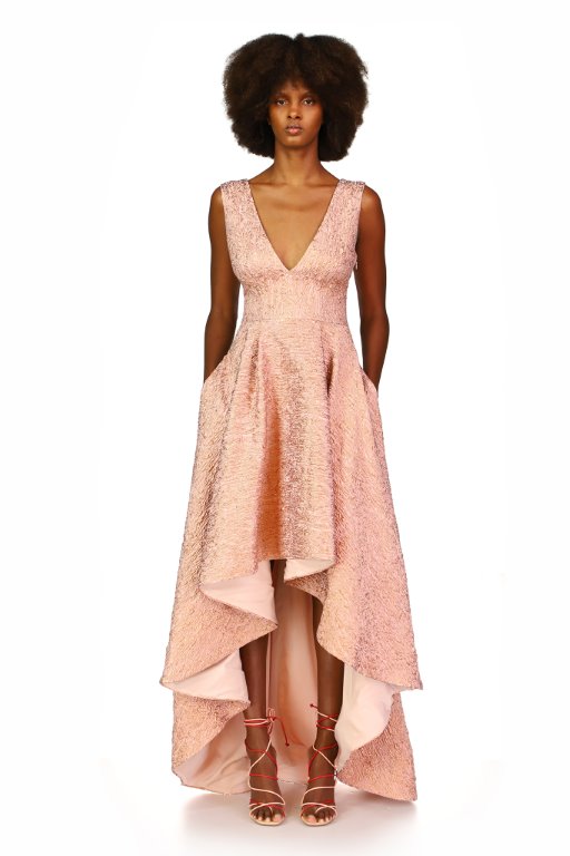 Blush v-neck mother of the bride trend gown with high-low skirt