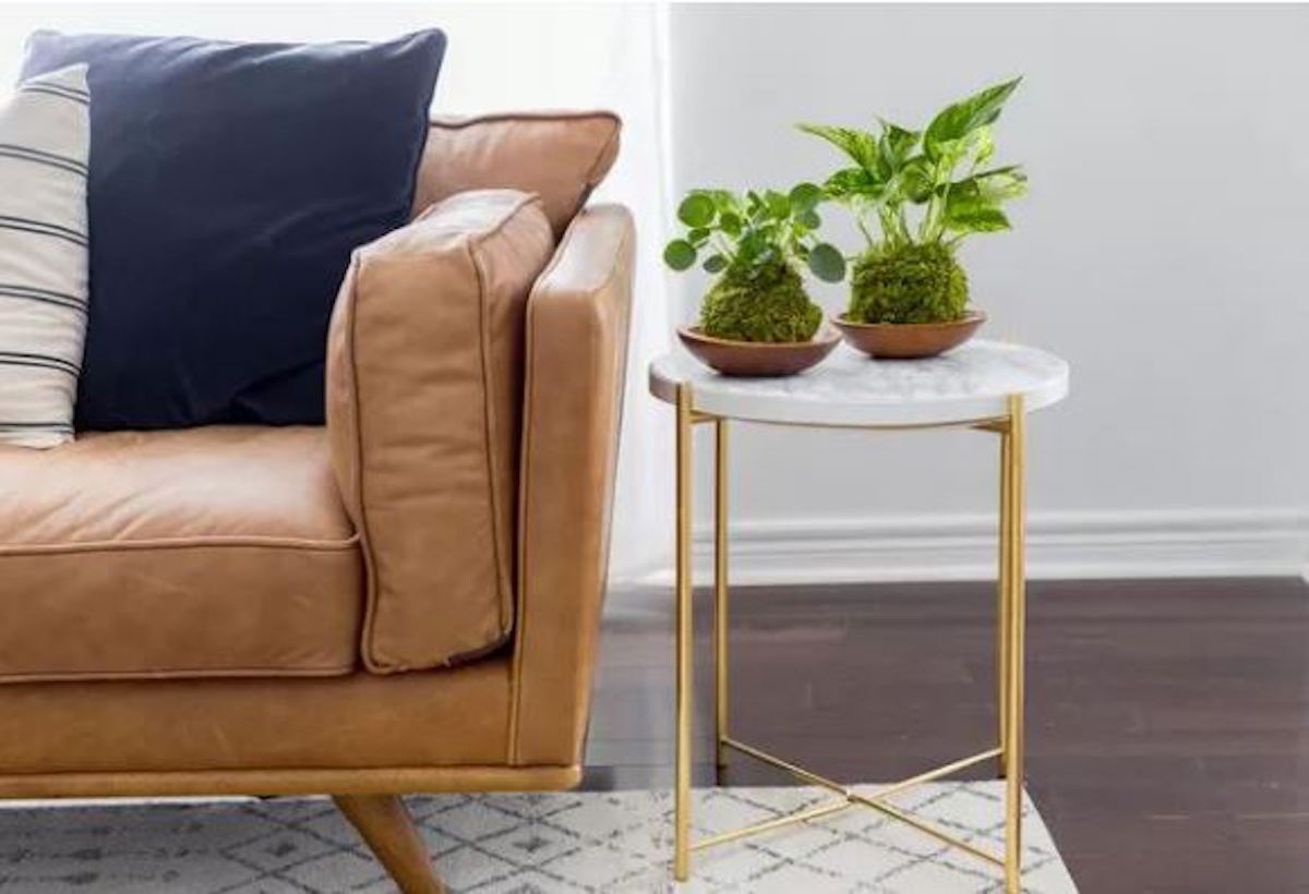 Cozy home staging decor with marble side table with brass legs and a brown leather couch