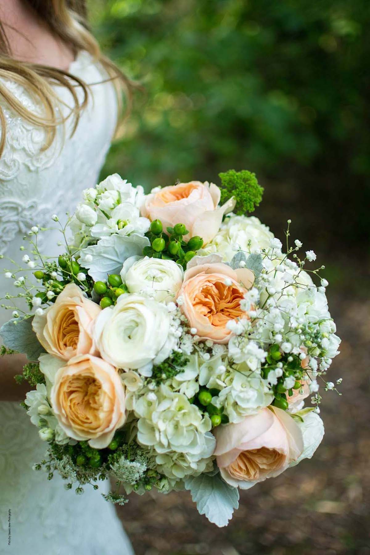 Pastel peach and white wedding bouquet