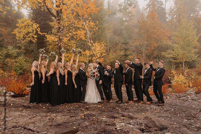 Wedding party celebrates the bride and groom