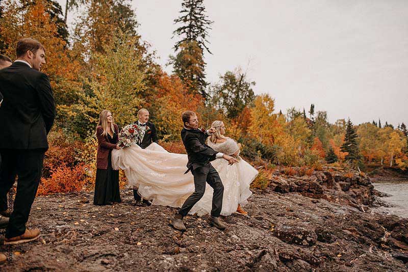 Couple skips rocks on Lake Superior during wedding ceremony