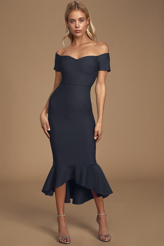 Fitted navy off-the-shoulder midi dress