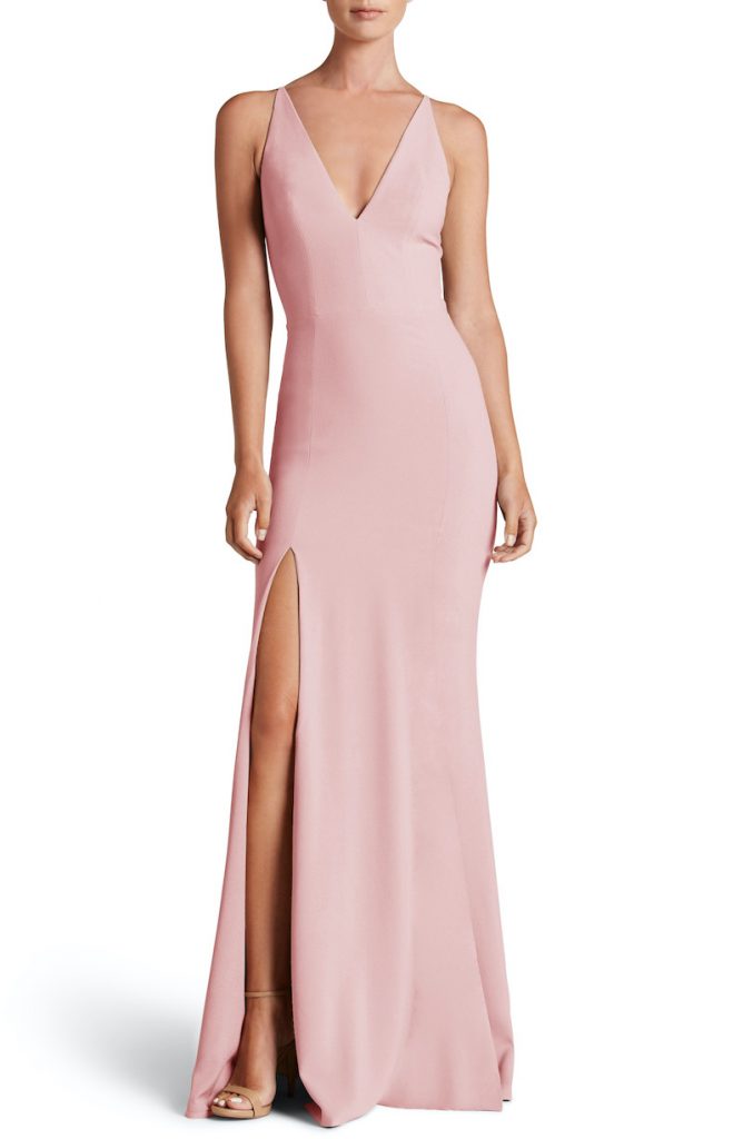 Look amazing at a summer wedding with a light pink trumpet long dress 