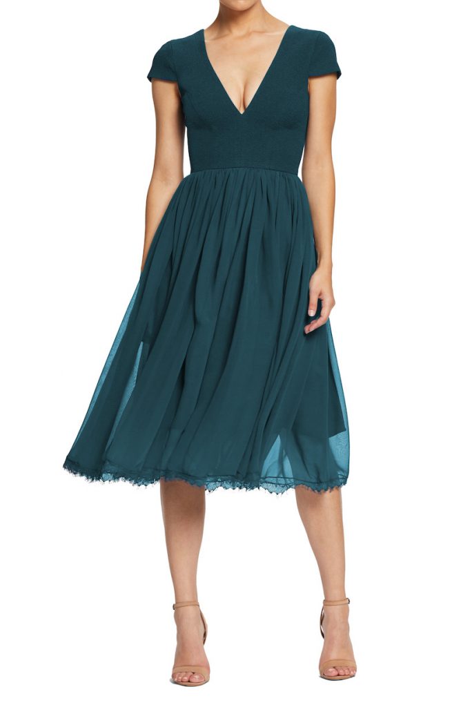 Chiffon teal fit-and-flare dress for summer wedding