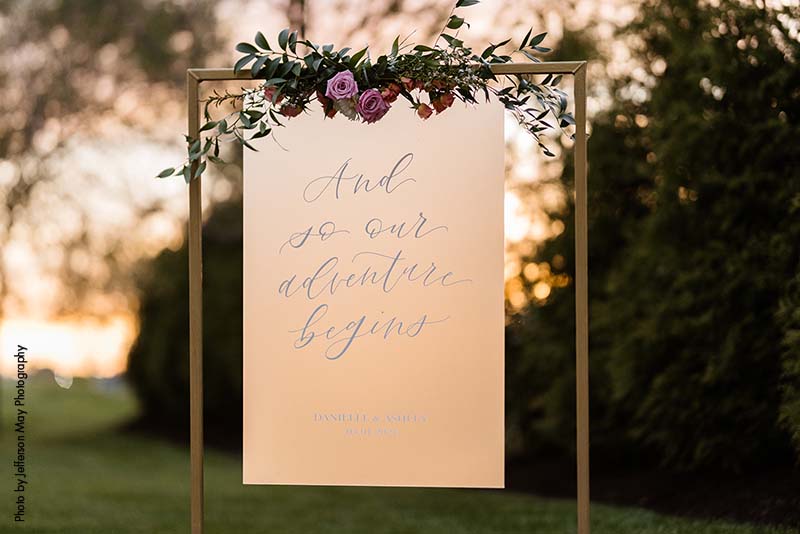 Wedding welcome sign that says "And so our adventure begins"