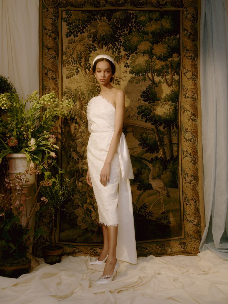 Calf-length one-shoulder bridal gown