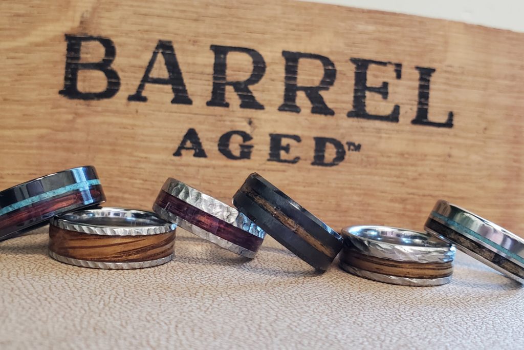Whiskey barrel-aged wedding bands at Arthur's Jewelers