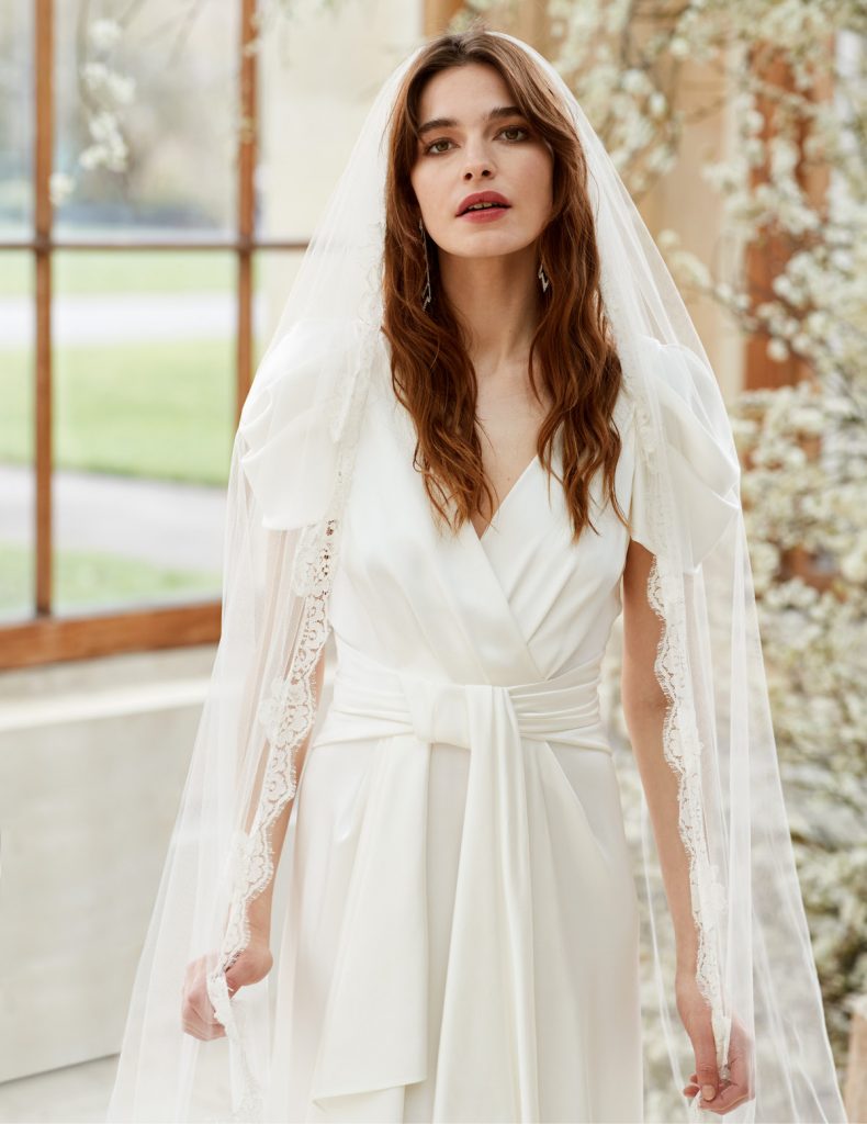Crepe bridal gown with tie around waist