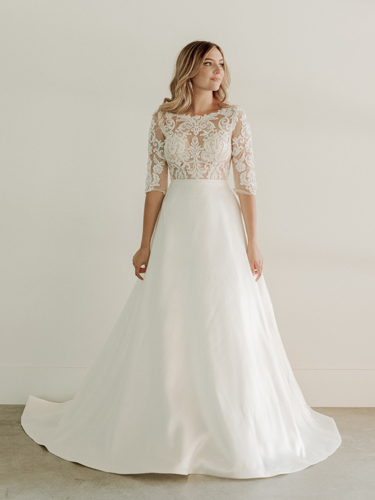 Embellished 3/4 sleeve bridal gown with ballgown skirt