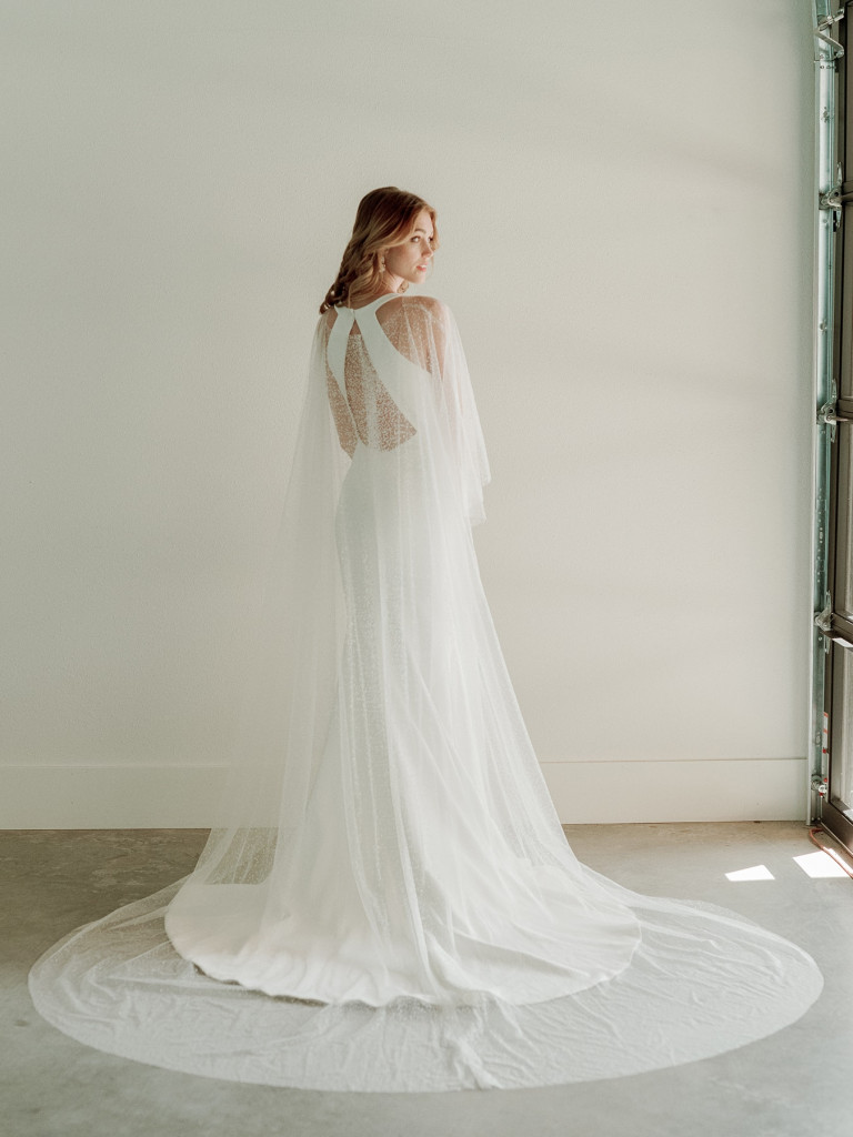 Crepe fit and flare bridal gown with sequin cape 
