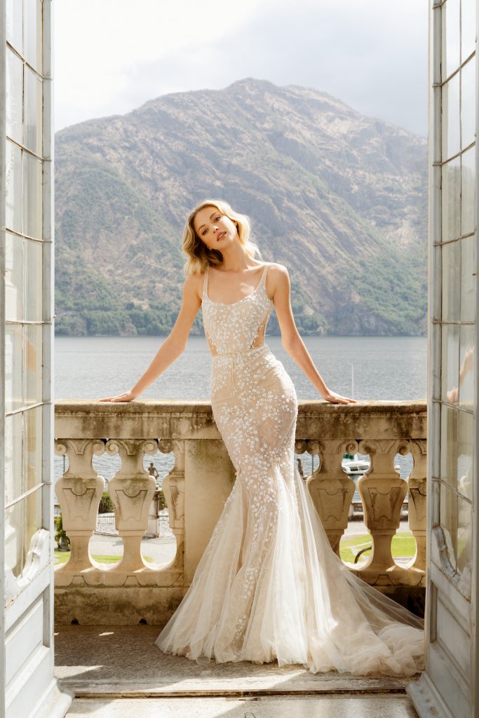 Fit and flare body hugging bridal gown 