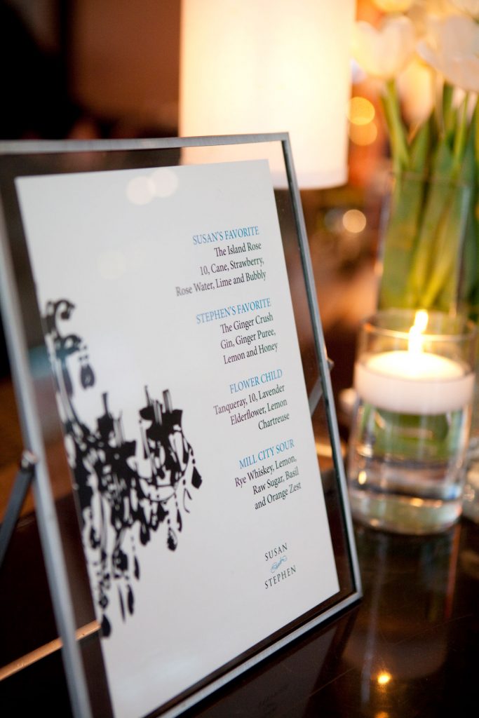 Wedding bar menu with black chandelier graphic
