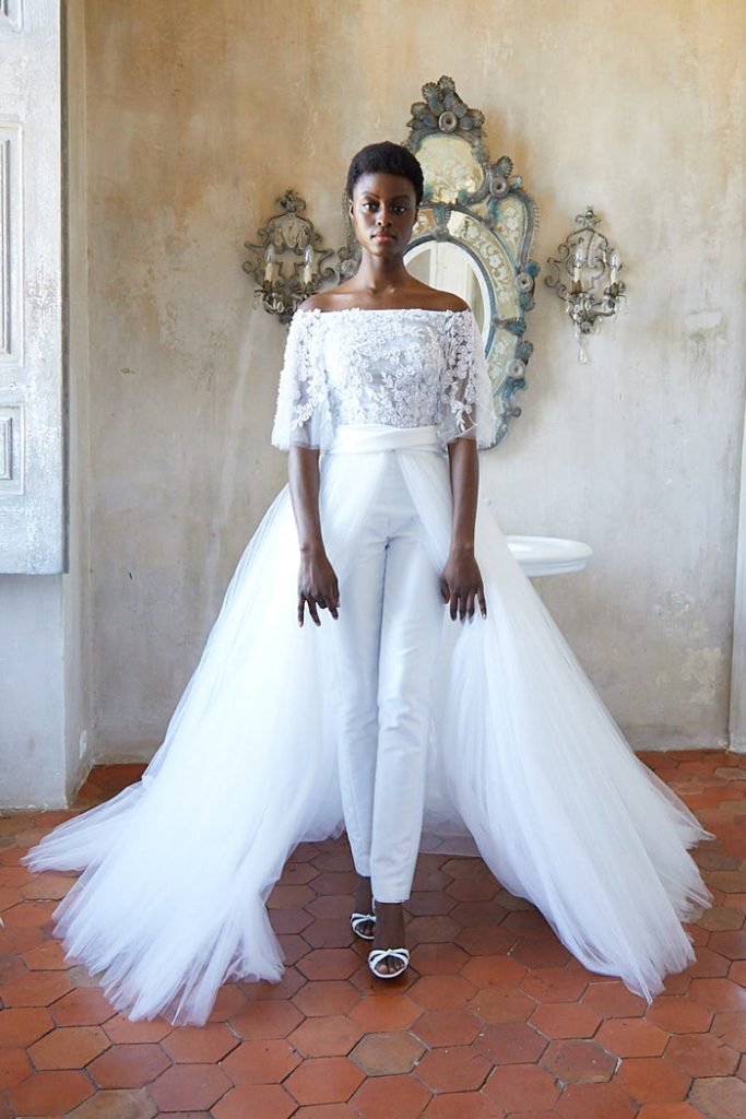 Two-piece bridal jumpsuit with overskirt 