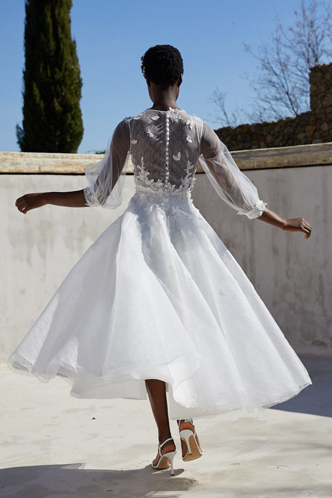 Tea-length tulle wedding dress by Peter Langner