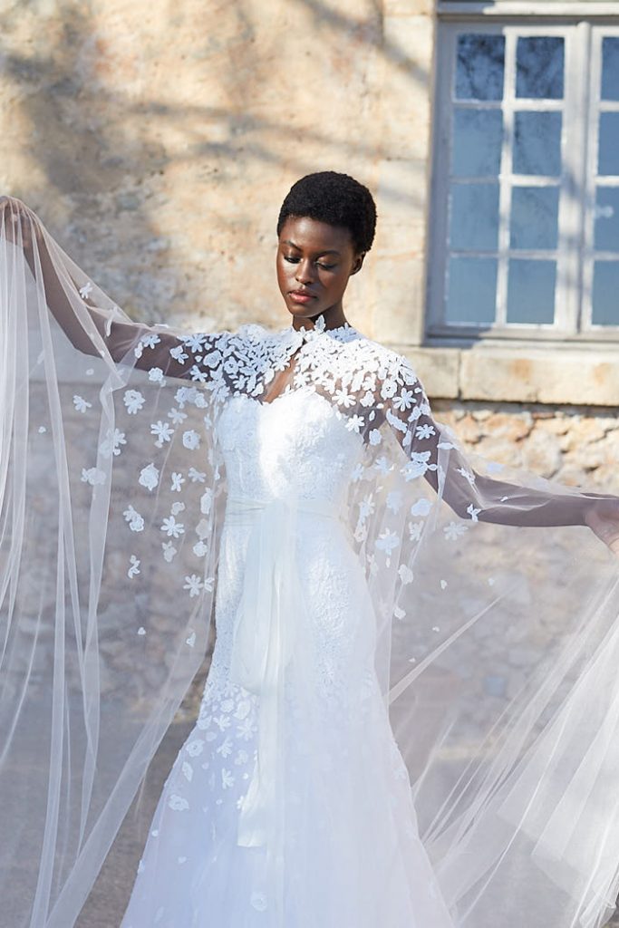 Mermaid wedding gown with long embroidered cape by Peter Langner