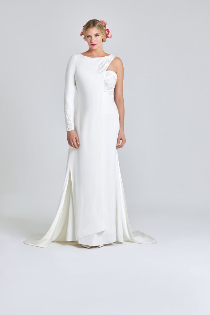 Strapless beaded bridal gown with long sleeve jacket 