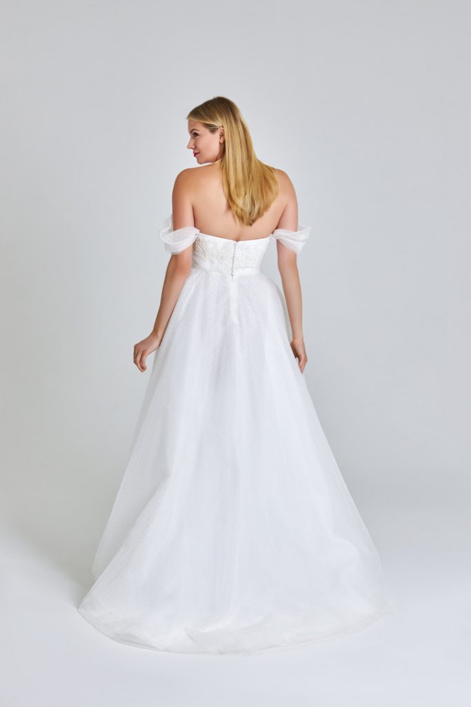 Lace applique ballgown with off-the-shoulder sleeves 