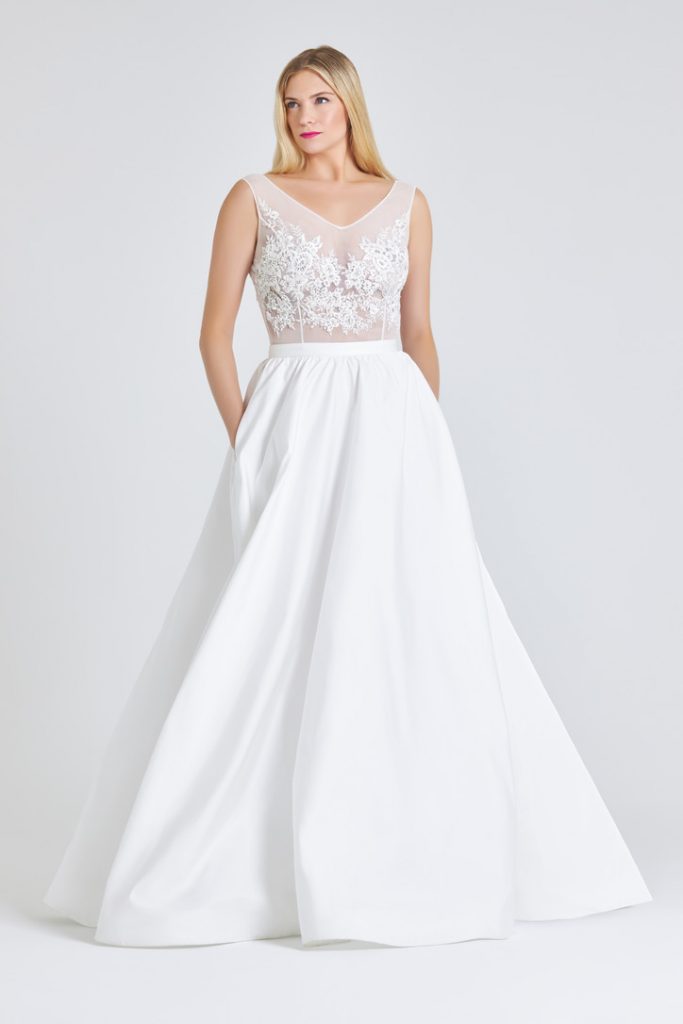 Bridal ballgown with pockets and mesh tulle top 