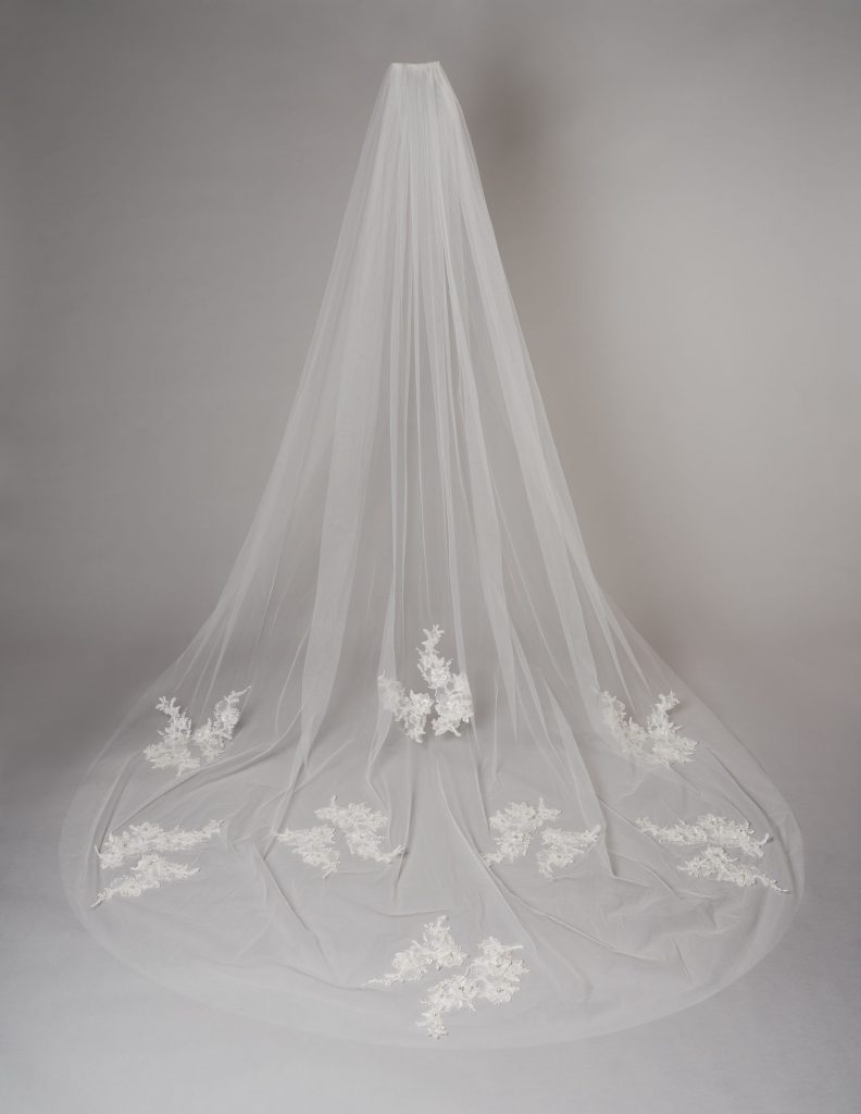 Cathedral length bridal veil with sewn in applique