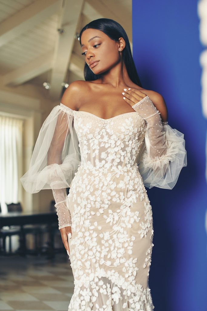 Floral applique gown with detachable sleeves by Galia Lahav Telenovela 